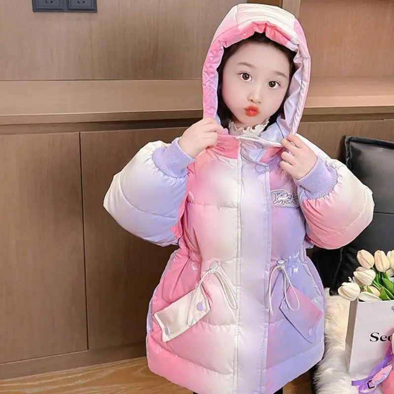 핫 카와이 패션 탑스 패션 아동복 재킷 여아 겨울 코튼 코트 두꺼운 따뜻한 롱 다운 재킷 어린이용 새해