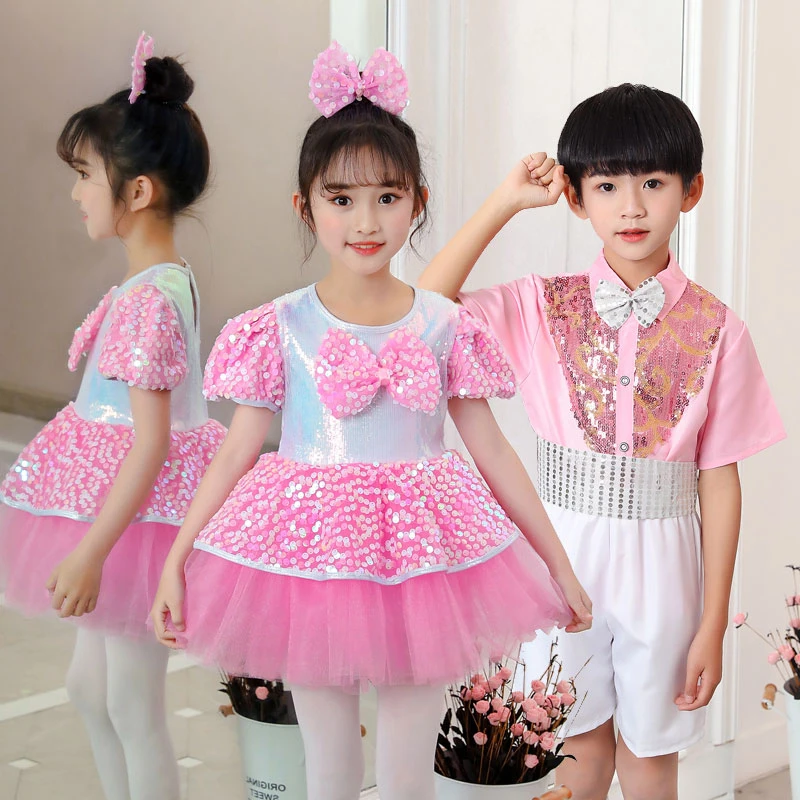 Pink Girl Stage Dance Dress For Girls Dance Clothes Kids Sequins Ballet Costumes Girls Tutu