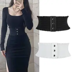 Women's Black Elastic Wide Waistband Pu Leather Cummerbund Ladies Designer Overcoat Stretch Belt