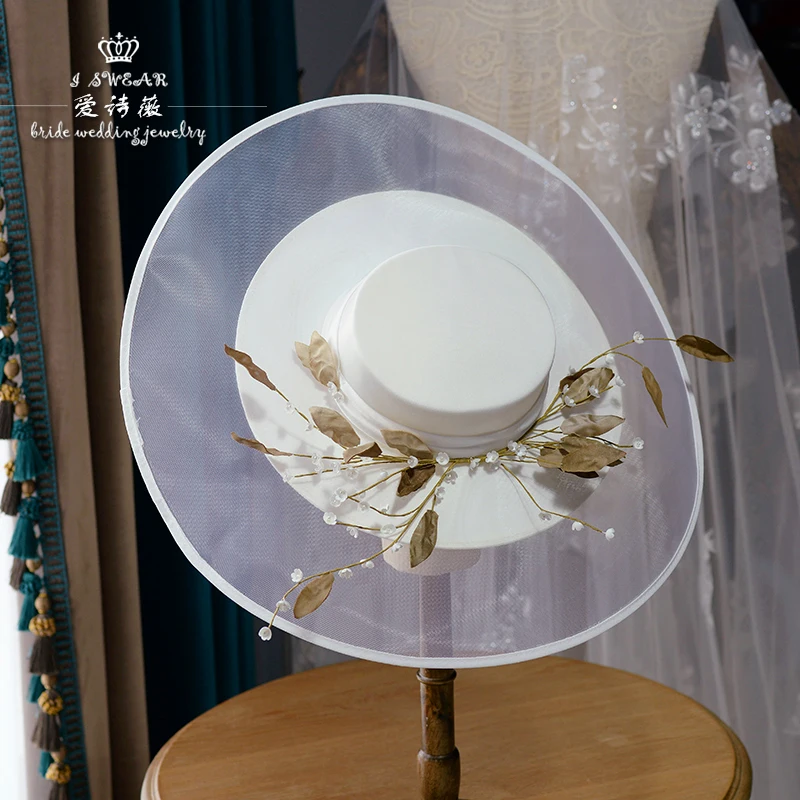 

Large Mesh Brim Flower Wedding Hat High End Fairy Floral Leaves White Satin Fedoras Bride Beach Photo Shoot Fedora Hat Headpiece