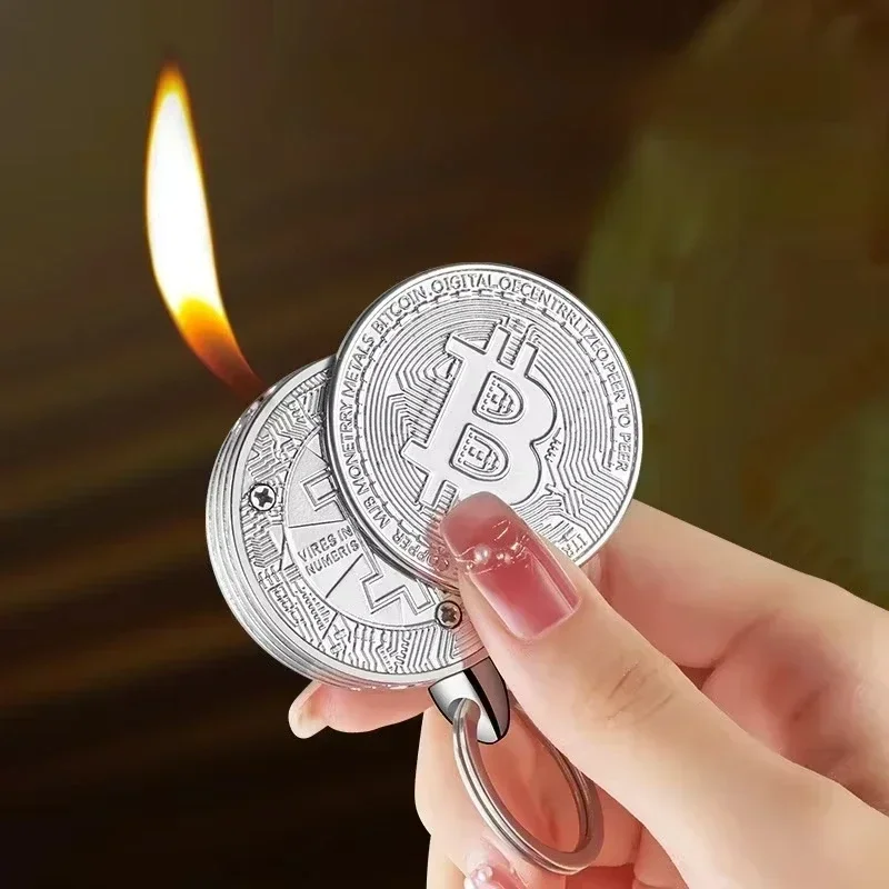 Bitcoin Shape Butane Lighter Virtual Commemorative Coin Pendant Lighter Portable Cigarette Accessory butane gas lighter cigarette lighter