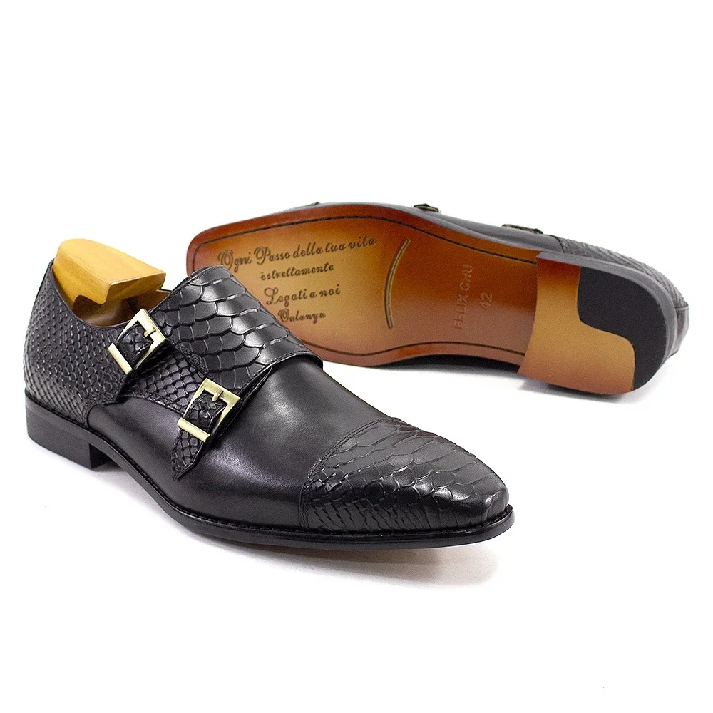 Men's Luxury Double Buckle Monk Strap Dress Shoes Genuine Leather Classic Crocodile Pattern Formal Business Office Footwear