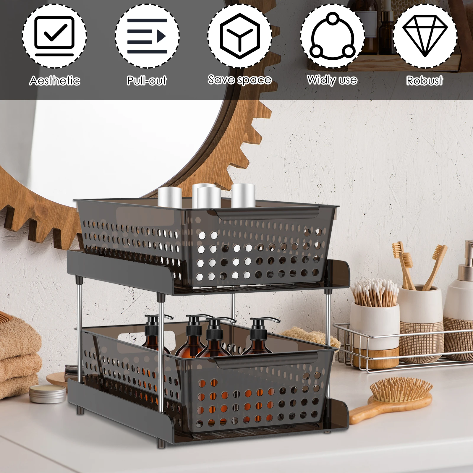 Multifunctional Under Sink Storage Rack Double Layer PP Stainless Steel