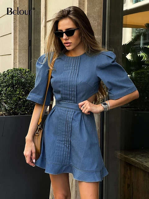 Bclout Summer Blue Denim Dress Women 2023 Fashion O-Neck Short Sleeve Hollow Out Sexy Dresses Elegant Ruched Party Mini Dresses 1