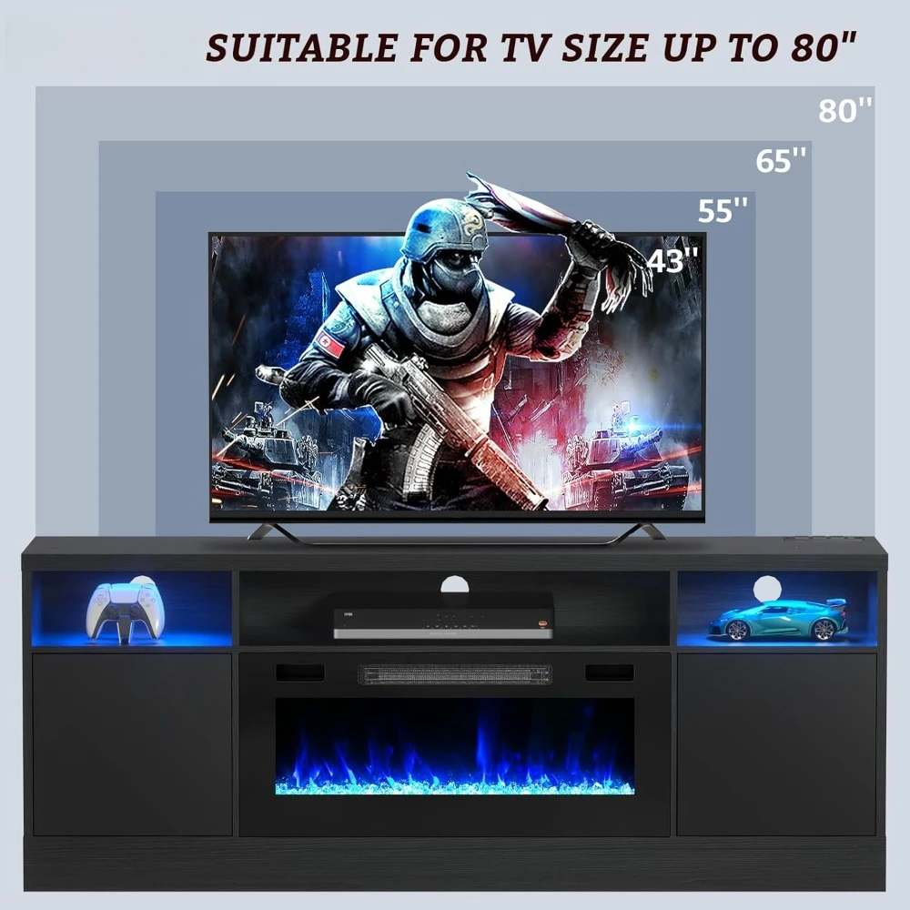 Electric Fireplace TV Stand-Led Entertainment Center-70 inch Stand with 36" Electric Fireplace-Living Room Cabinet with Storage 2