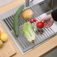 Roll Up Dish Drainer Shelf Stainless Steel Sink Drying Holder Foldable Food Rack Fruit Vegetable Washing Stand Kitchen Organizer 1