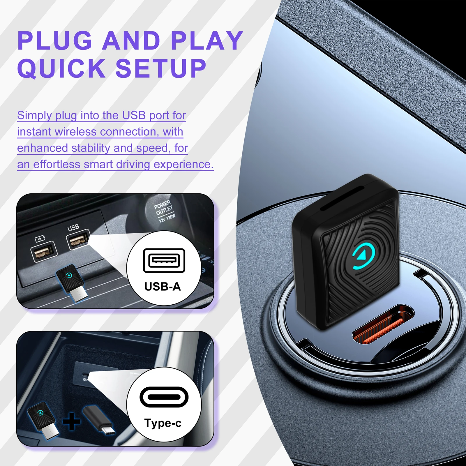 BT 5.3 2-in-1 무선 CarPlay 안드로이드 오토 어댑터, 유선에서 무선으로 변환, 아이폰 & 안드로이드용 무선 CarPlay 어댑터
