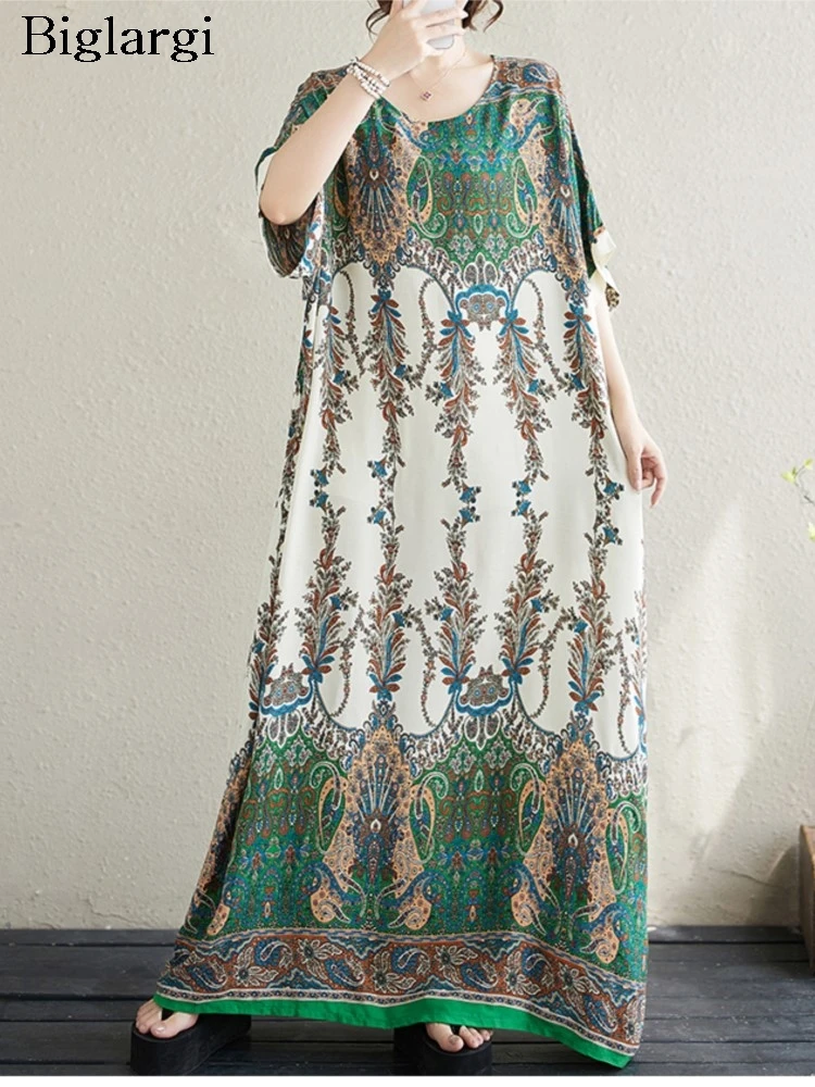 

Oversized Summer Bohemian Style Long Dress Women Floral Print Modis Casual Loose Pleated Ladies Dresses Short Sleeve Woman Dress