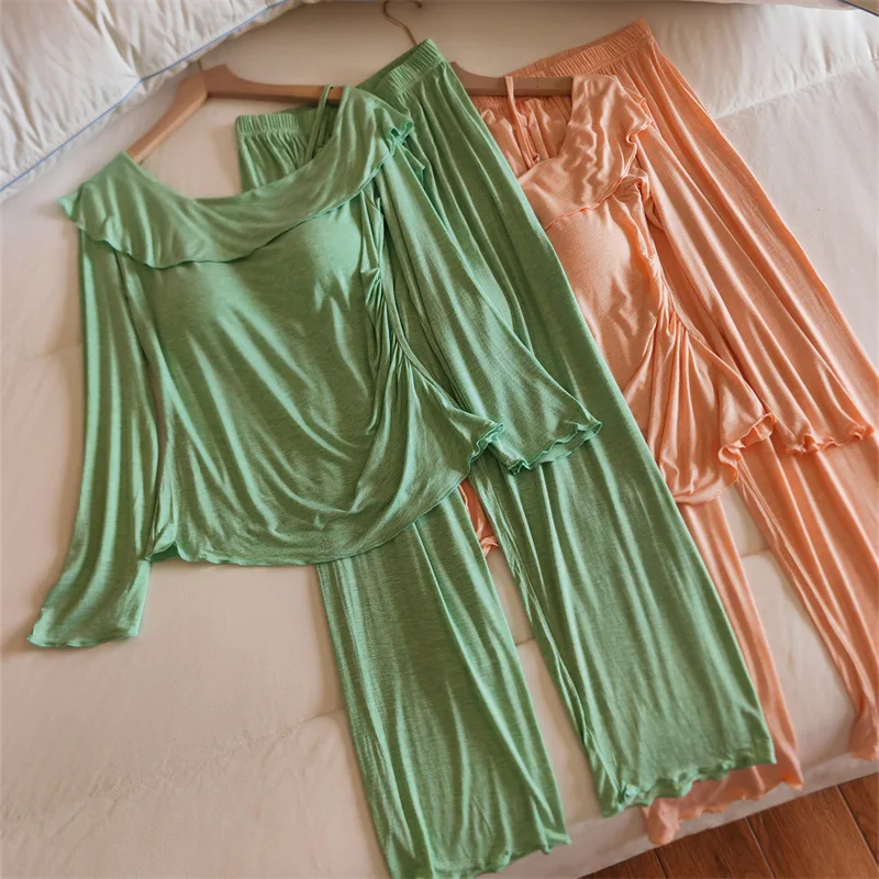 Pyjamas Set Frau Modal Komfort Nachtwäsche Langarm Damen Nacht Tragen Herbst Winter Hause Kleidung Brust Pad Pijama Weibliche – Detail 8