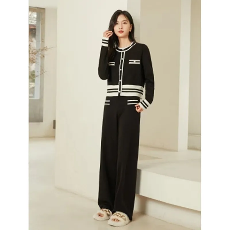 

Fall Vintage Contrast Color Knitted Women's Pants Suits Long Sleeve Short Tops + Wide Leg Full Length 2 Piece Sets Clothes 2023