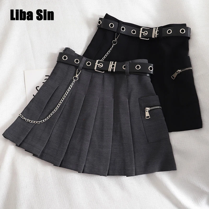 

Liba Sin Women Summer Punk Tactical Pleated Skirt High Waist Chain Belt Tooling Pocket A-Line Plaid Skirt Women