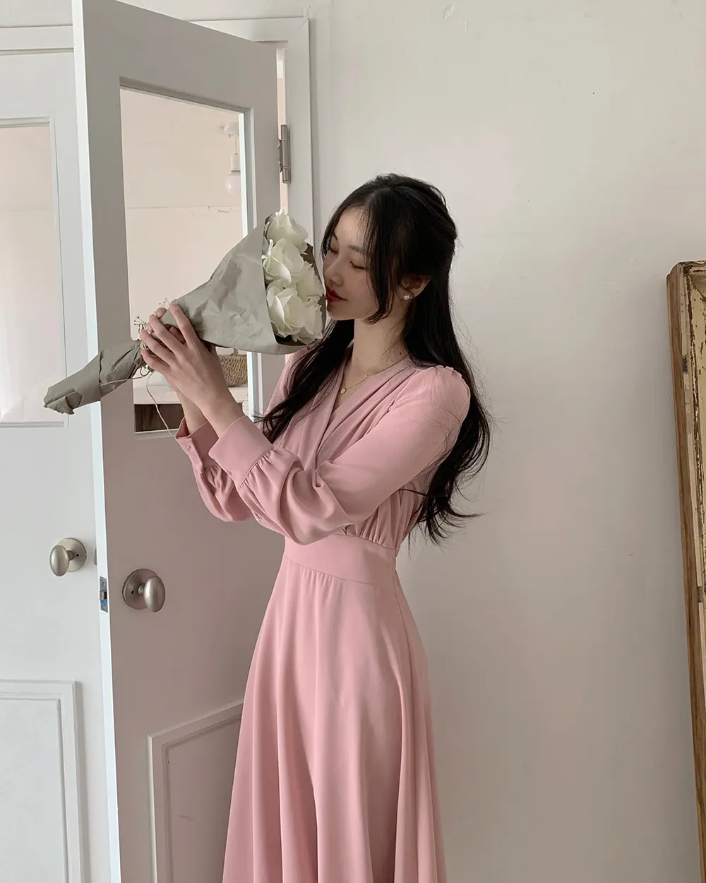 Korean Fashion Autumn Midi Dresses for Women Long Sleeves V-neck A-line Solid Casual Dress Office Lady Clothing New