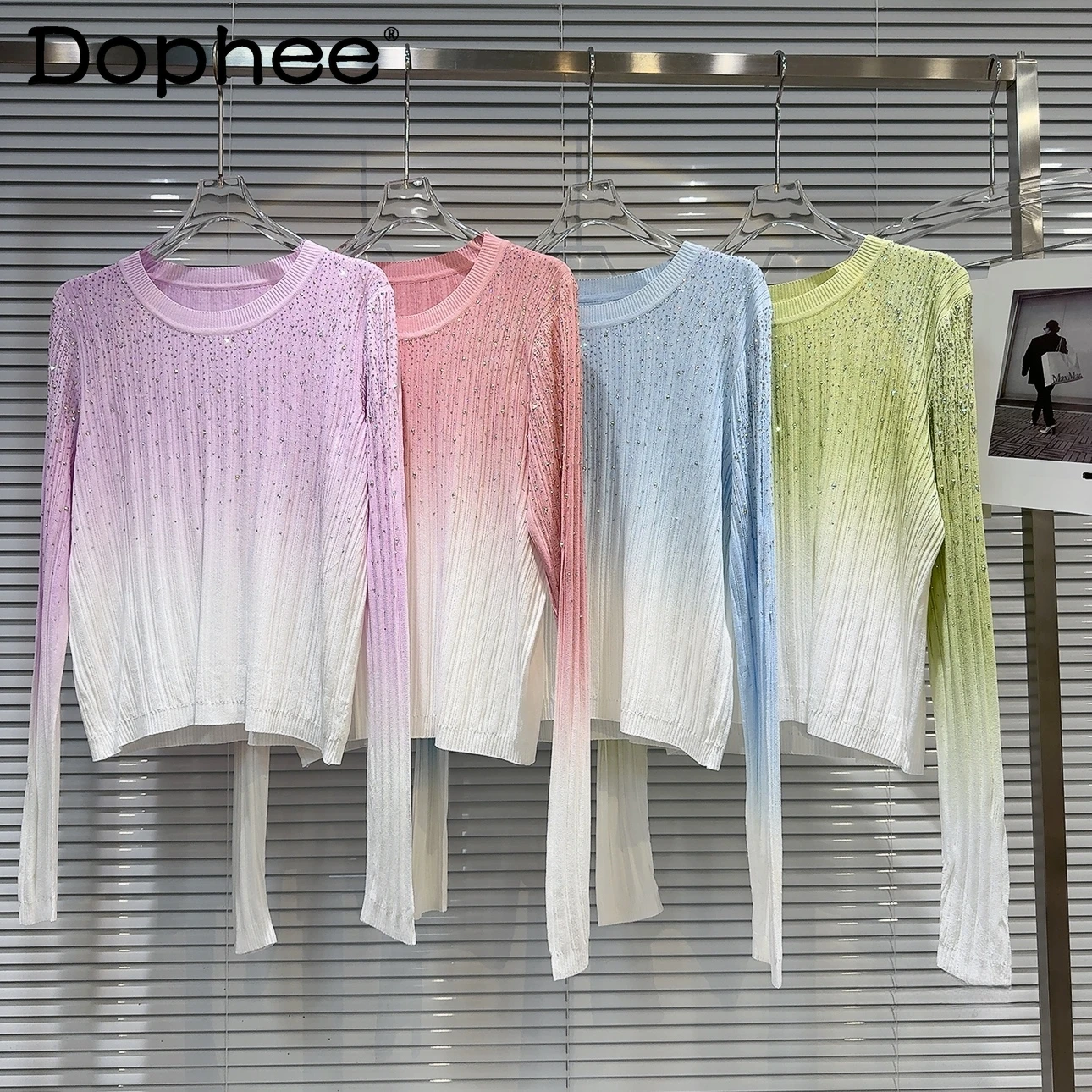 

2024 Spring New Classic Style Hot Rhinestone Gradient Color Elegant Socialite Sweater Long Sleeve T-shirt for Women