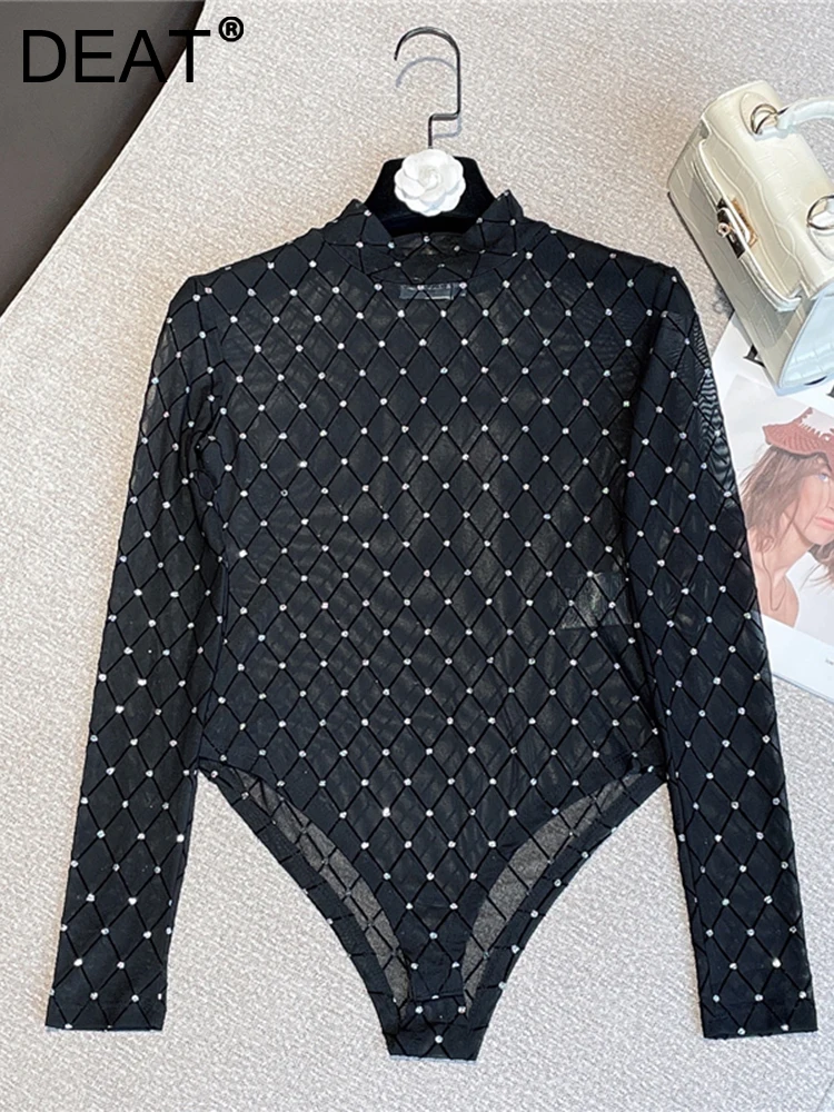 DEAT Women Diamonds Mesh Perspective Sexy Bodysuits New Fashion Spring