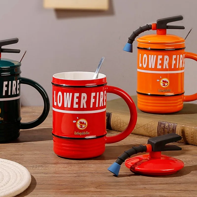 Creative Ceramic Mug Fire Extinguisher Shape Personality Water Bottle Home Office Coffee Mug with Lid Spoon Fireman Perfect Gift