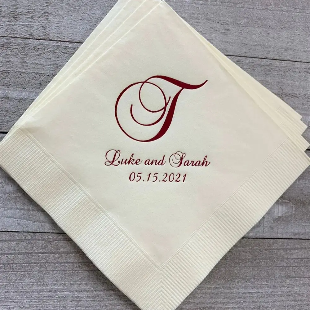 

Personalized Wedding Napkins Cocktail Beverage Luncheon Dinner Guest Towels Monogram Custom Printed Foil Imprinting Imprinted Na