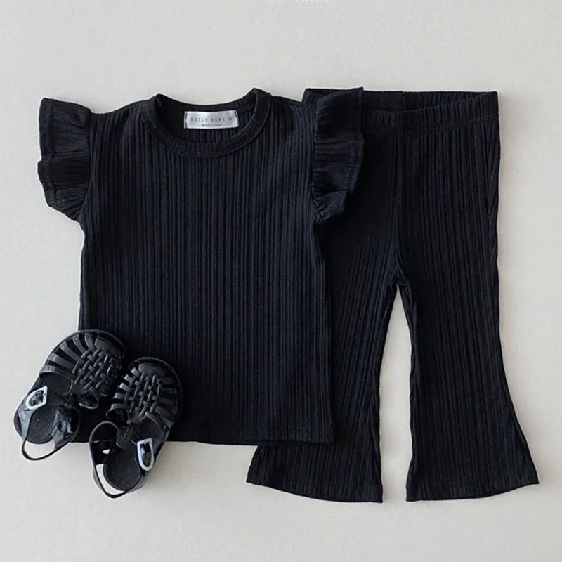 

Summer Girls Fashion Princess short sleeve suit children's flying sleeve T-shirt + flared pants casual two-piecebabyhomeclothes