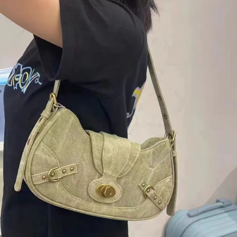 Y2K Green Rivet Canvas Shoulder Bag-Giltoria