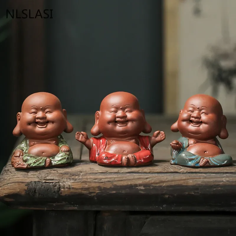 Tea Pet Ornaments Creativity Purple Clay Tea Pet with Tea Strainer Monk Buddha Figurine Ornaments Handmade Crafts Set Decoration Accessories