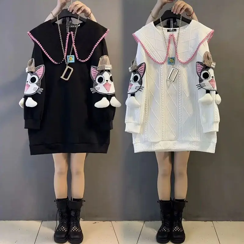 New Japanese Cute Cat Ricamo Peter Pan Collar Felpa Oversize Studenti Ragazze Nero Bianco Pullover Coreano Kawaii Clothes