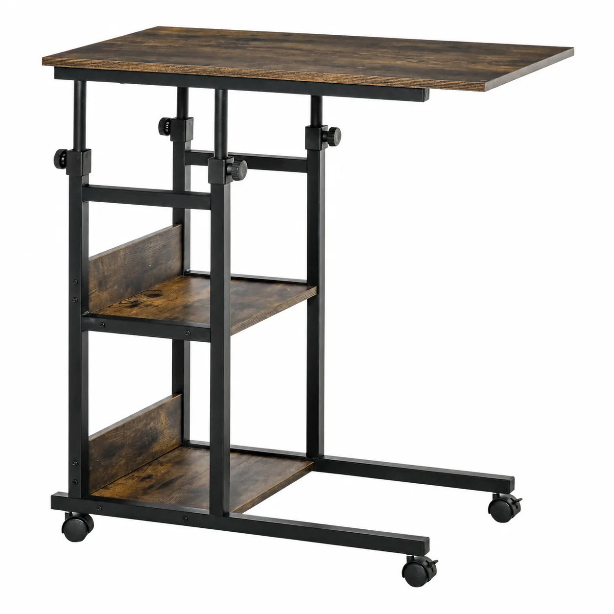 C-Shaped Side Table, Industrial Mobile Rolling End Desk with 3-Tier Storage Shelving, Adjustable Height, Space-Saving for Living Room, Bedroom, Sofa Side, Home Office