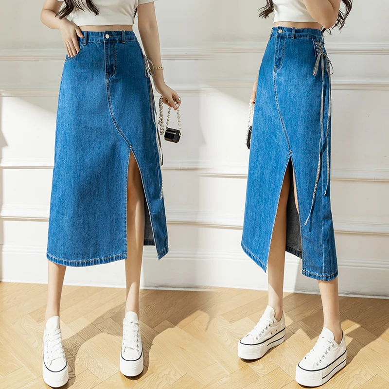 

Spring Summer Blue Denim Skirt Women Korean Fashion High Waist Casual Slim A-LINE Sexy Split Drawstring Lace-up Midi Long Skirts