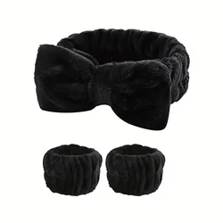 Plush Coral Fleece Hair & Wristband Set for Women - Super Absorbent & Waterproof Accessories (Black)
