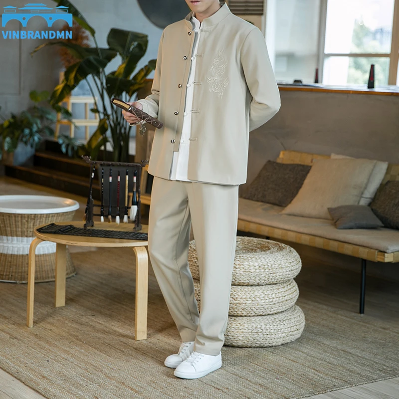 

new 2022 Autumn Winter Chinese Style Men's Suit Tang Suit Hanfu Zhongshan Suit Men's Two-piece Set Traditional Chinese Clothing