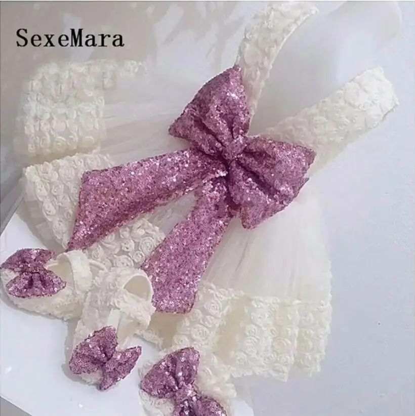 

Cute Ivory White 3D Flowers Baby Girls 1 Year Birthday Gown Flower Girl Dresses Clothes with Sequined Bow