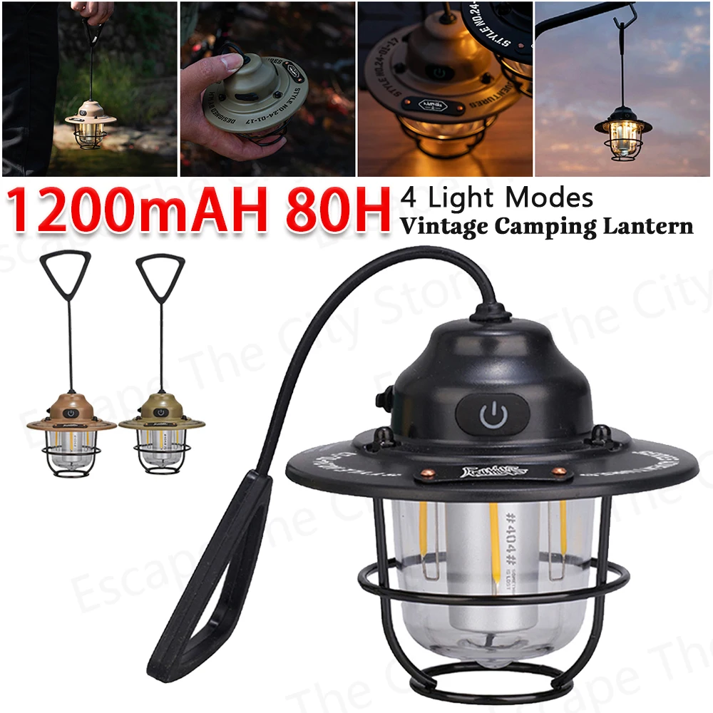 

LED Camping Lamp 1200mAh Emergency Lamp Type C Charging Retro Camping Light 4 Light Modes For Fishing Camping Equipment 캠핑랜턴