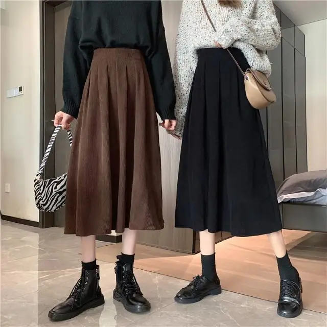 

Corduroy Skirts Women Preppy Style Retro Casual Basic Pure Color Trendy Temperament Empire Female All-match Autumn Midi T483