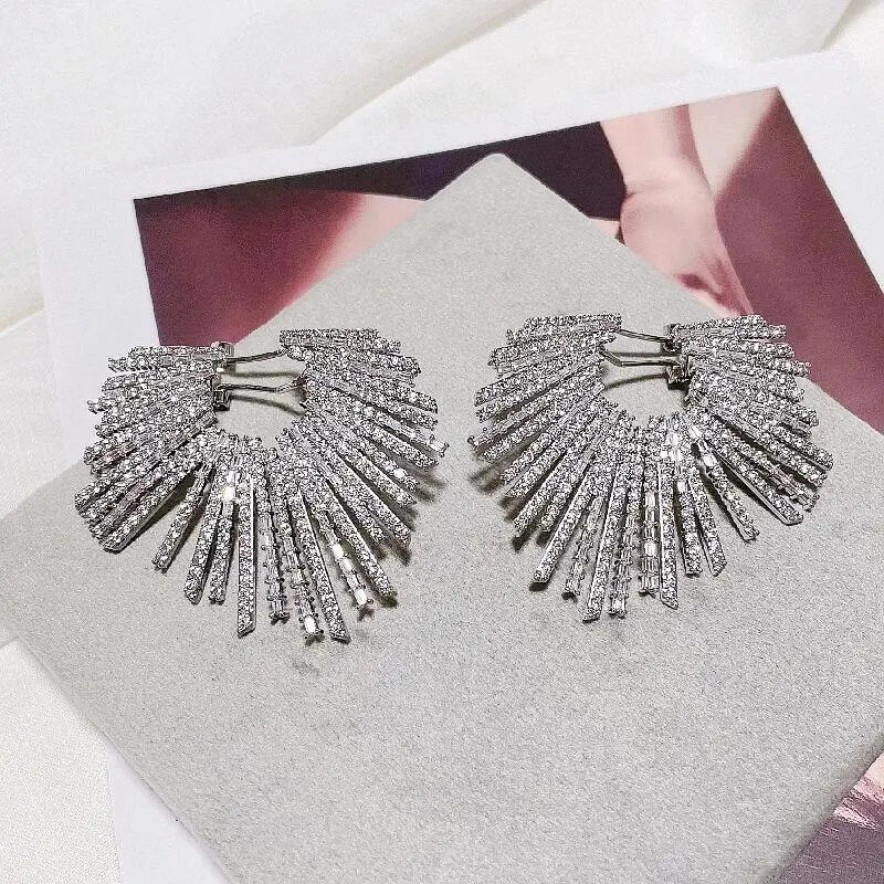 Luxury Fireworks Bloom Earring Sector Micro-inlay Cubic Zircon Back Cuff Design Earrings Women Jewelry Big Bling Drop Earring
