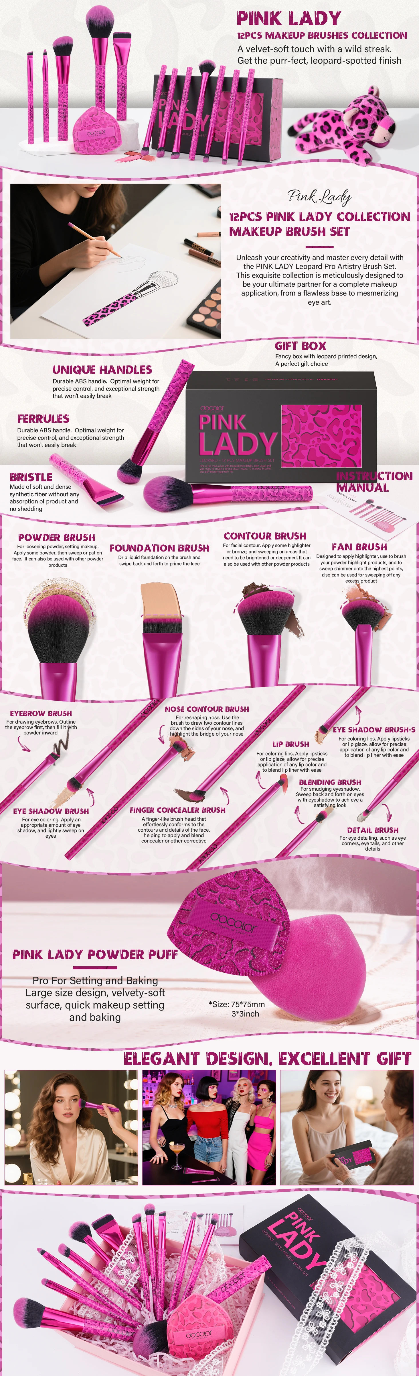 Docolor Leopard 14-piece makeup brush set with mini finger puffs