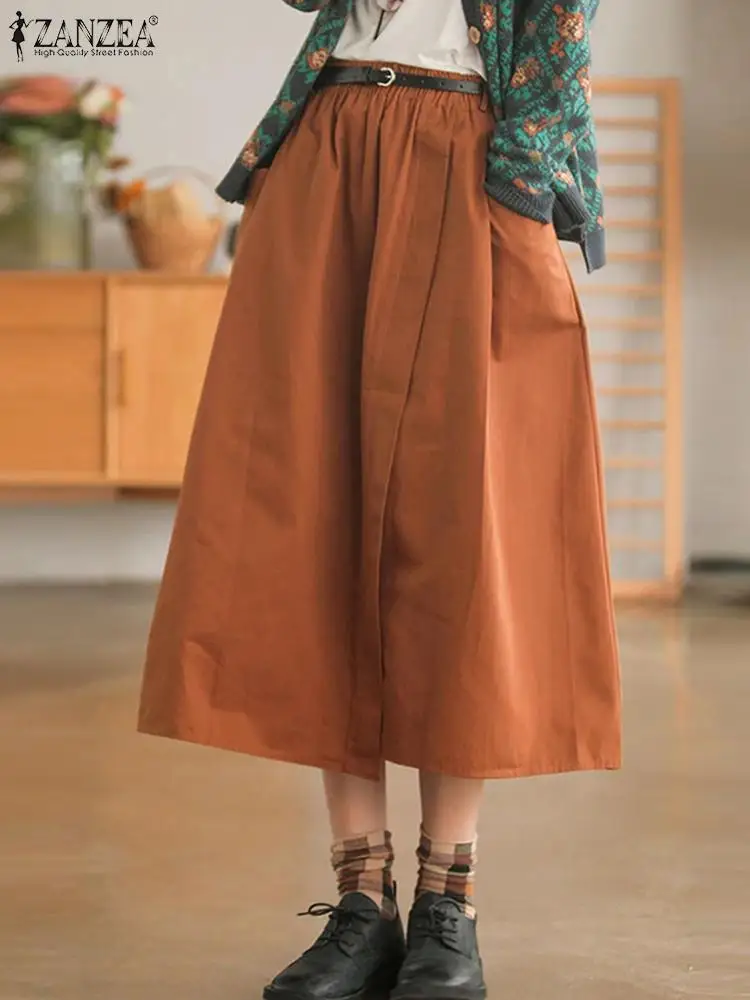 

Юбка ZANZEA Женская Длинная с эластичным поясом, модная Однотонная юбка-трапеция, Повседневная Свободная миди-юбка для отдыха, лето 2024