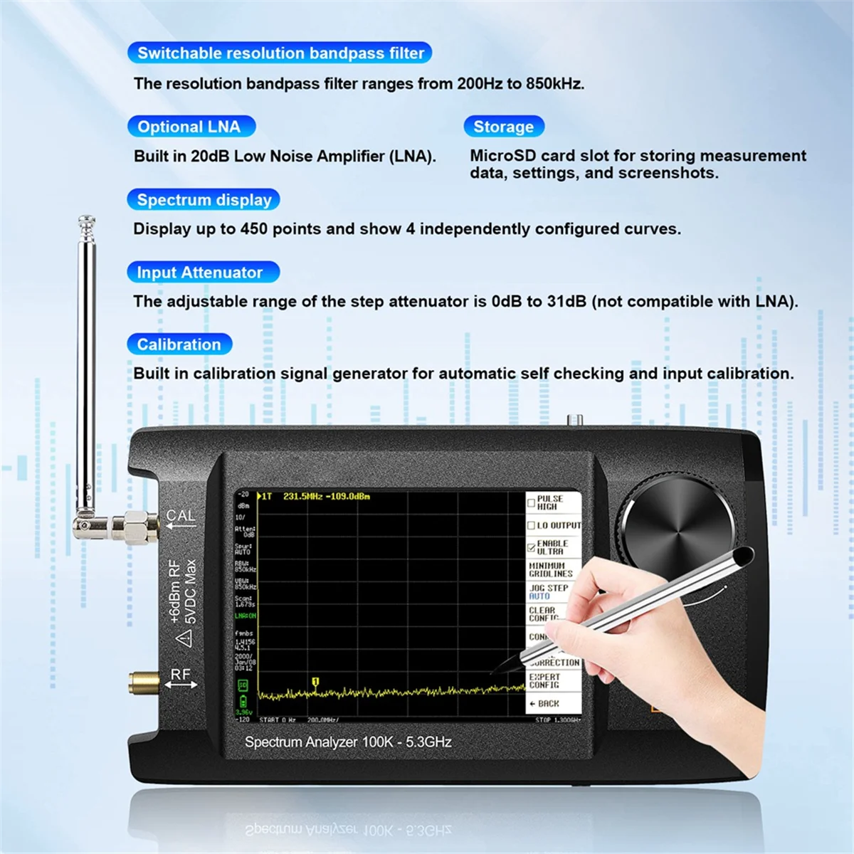 ABKO-Newest 4in IPS LCD SA5 Spectrum Analyzer Handheld Spectrum Anslyzer 100k-5.3GHz Signal Generator with 32GB Card Version