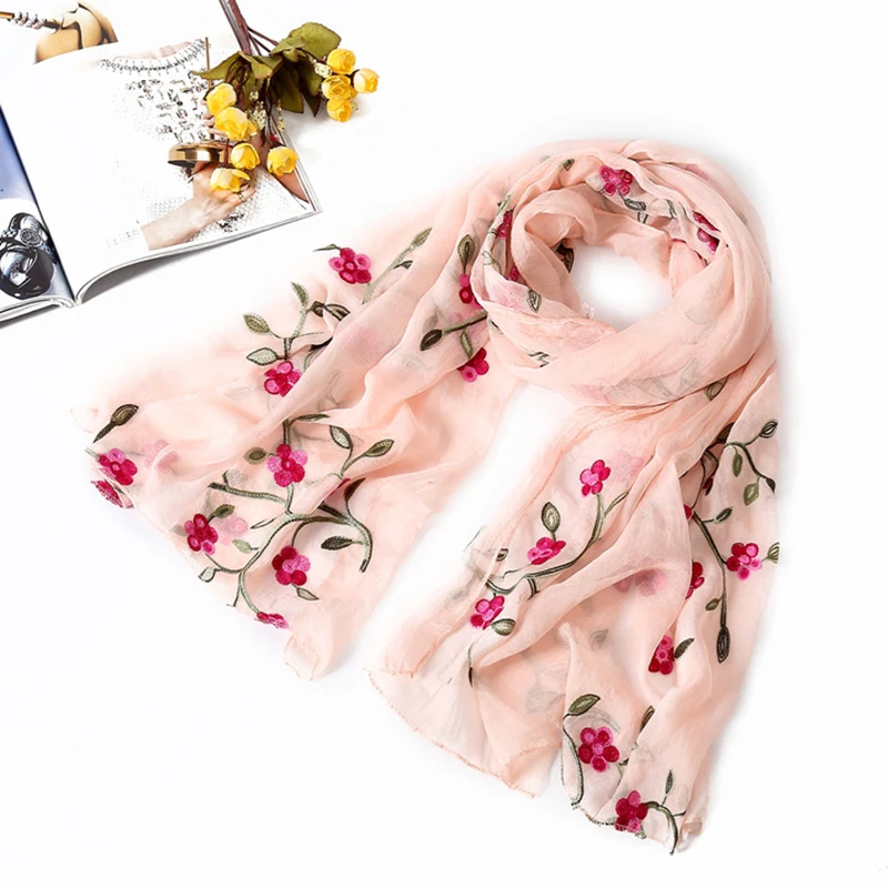 2022 Summer Silk Scarf Hijab Women Embroidery Print Soft Headscarf Shawl Wrap Fashion Ladies Solid Pashmina Beach Stoles Bandana