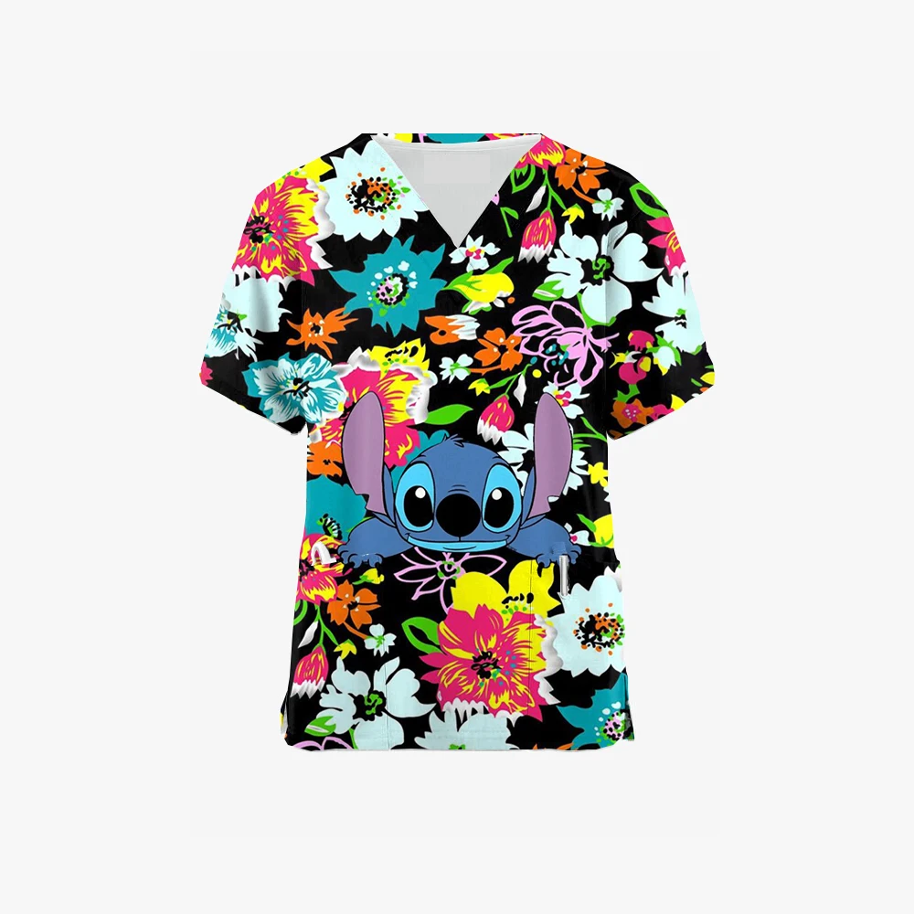 

Summer Disney Stitch pattern nursing uniform printing V-neck short-sleeved nurse clothing fashion slim T-shirt