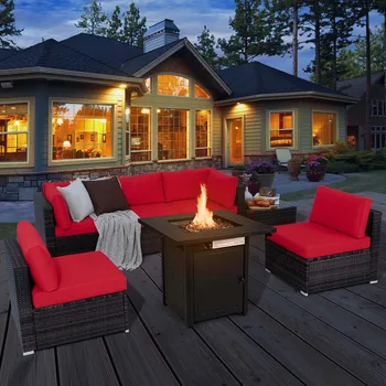 7 PCS Patio Furniture Set with 28" 50000 BTU Propane Gas Fire Pit Table Cushions Red 1