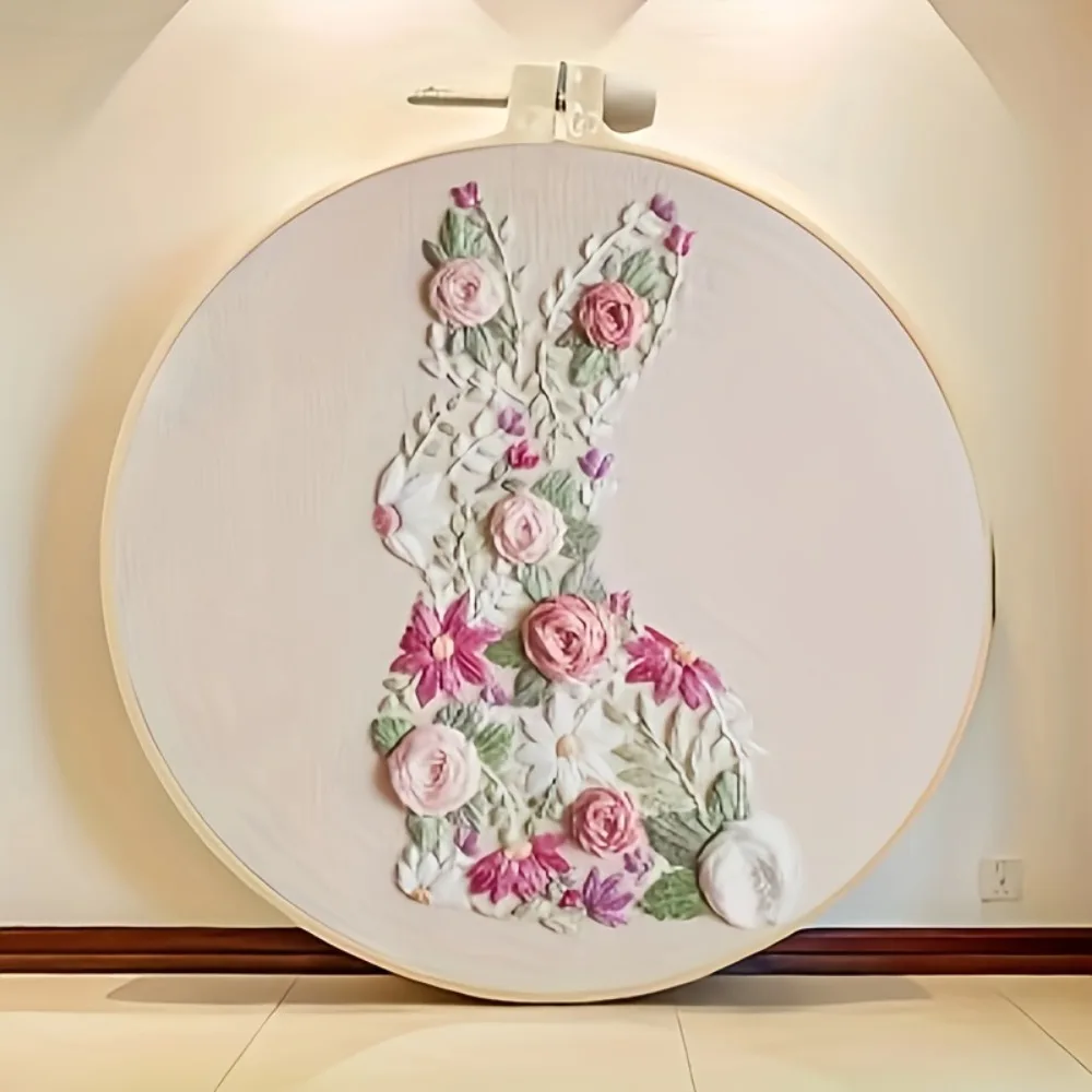 Cross Stitch Kit Chinese New Year Rabbit Flower Embroidery DIY Kit-Cotton and plastic creative handmade material set for seasonal decoration