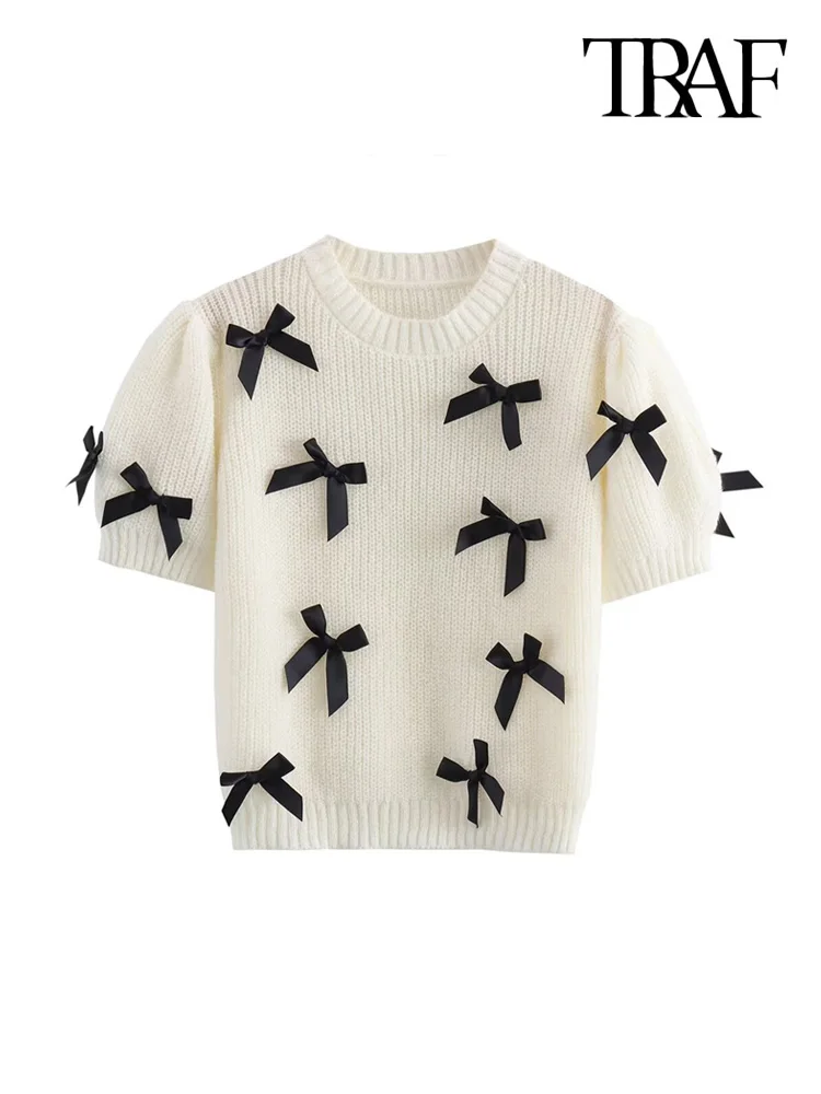 TRAF Women's Fashion Bow Appliques Knit Sweater O-Neck Short Sleeve Pullover Chic Female Tops 4