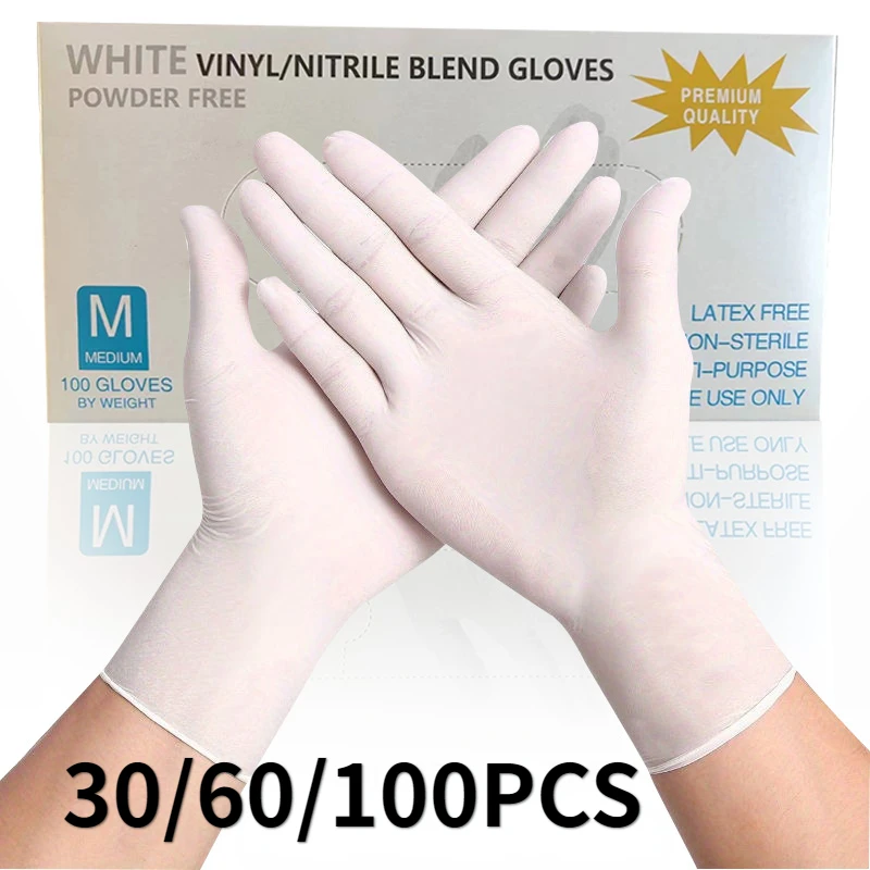 Disposable Nitrile Gloves 30/60/100PCS White Household Waterproof Kitchen Dishwashing Pet Bathing Cleaning Tools