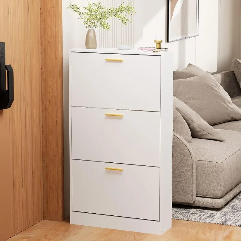 Shoe Cabinet Storage with 3 Flip Drawers for Entryway, White Slim Freestanding Modern Narrow Shoe Organizer Rack 2