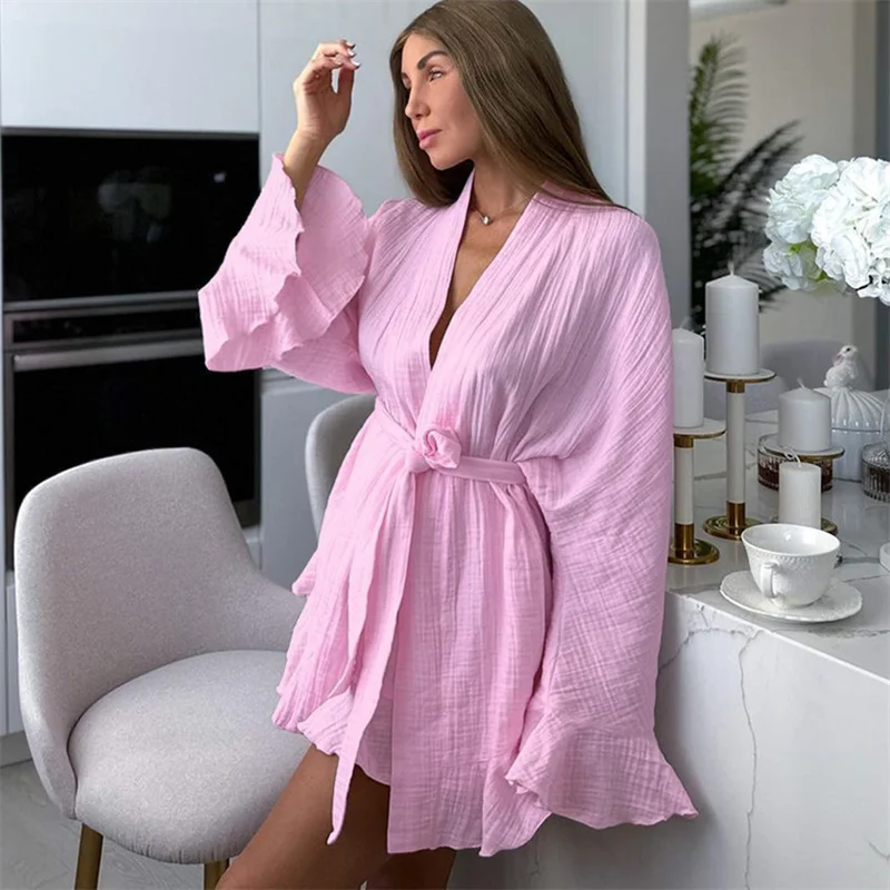 Spring Summer Women's Cotton Crepe Pajamas Fashion Ruffled Edge Long Sleeve Sleeping Robe Shorts Loose Casual Home Clothing Set