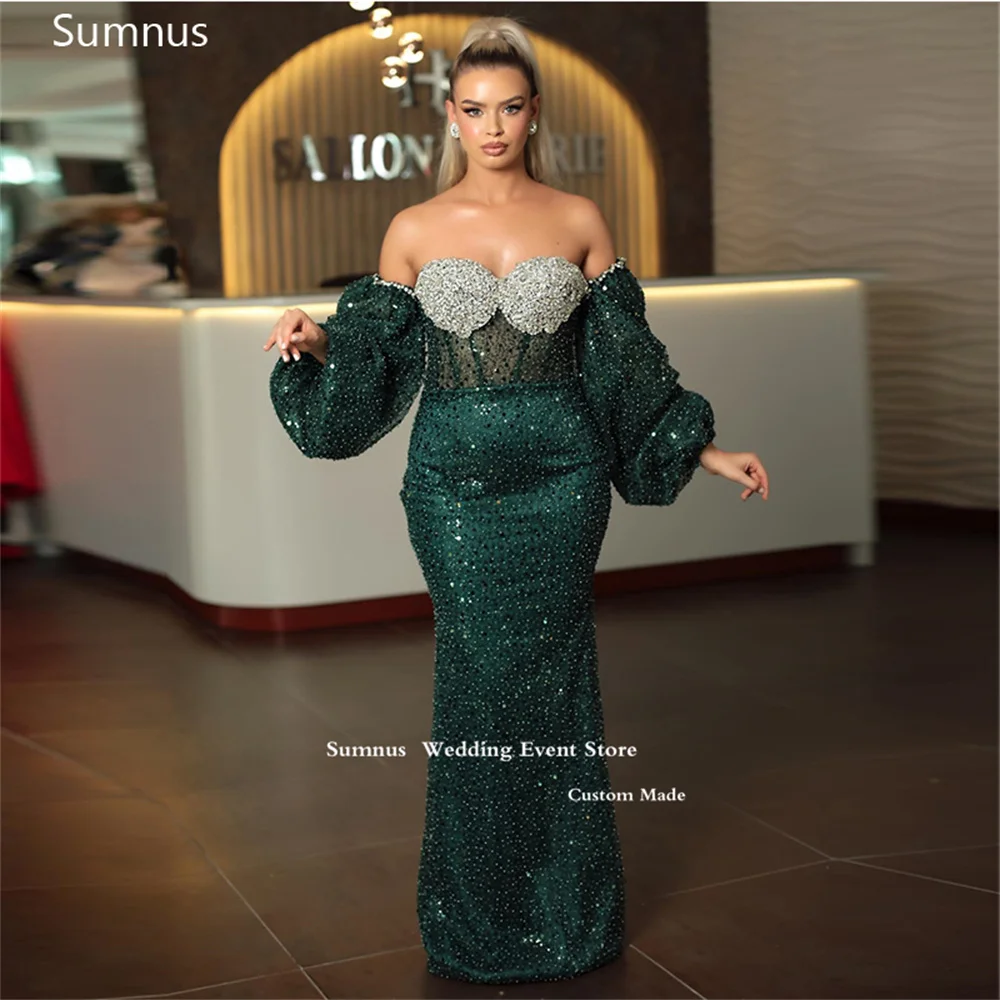

Sumnus Green Luxury Prom Dresses Strapless Sequined Beadings Puff Sleeves Pleat Long Party Dresses Vestidos De Fiesta Elegant