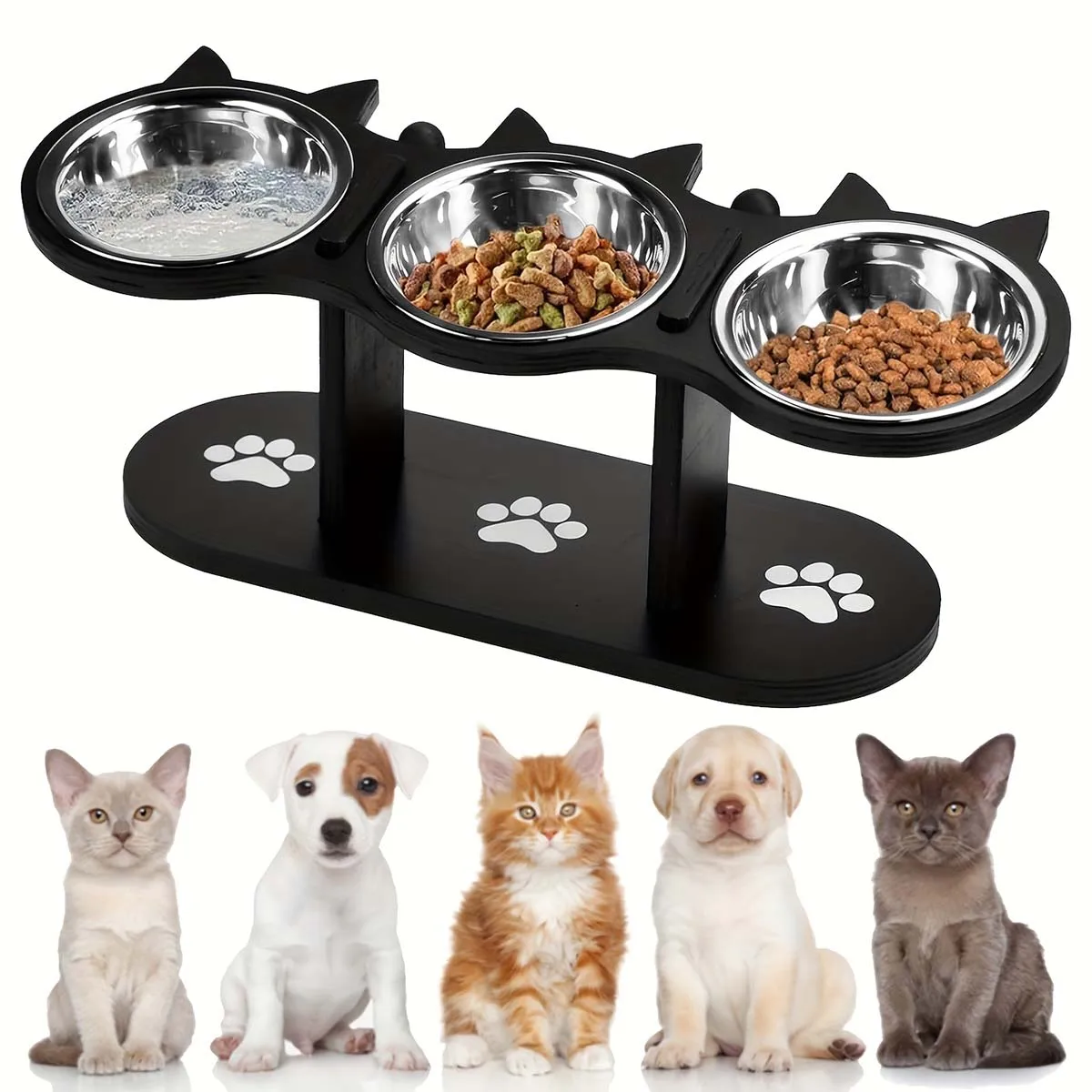 Elevated Cat Bowls With 15° Tilt - Raised Food & Water Bowls For Cats And Small Dogs With 3 Stainless Steel Bowls