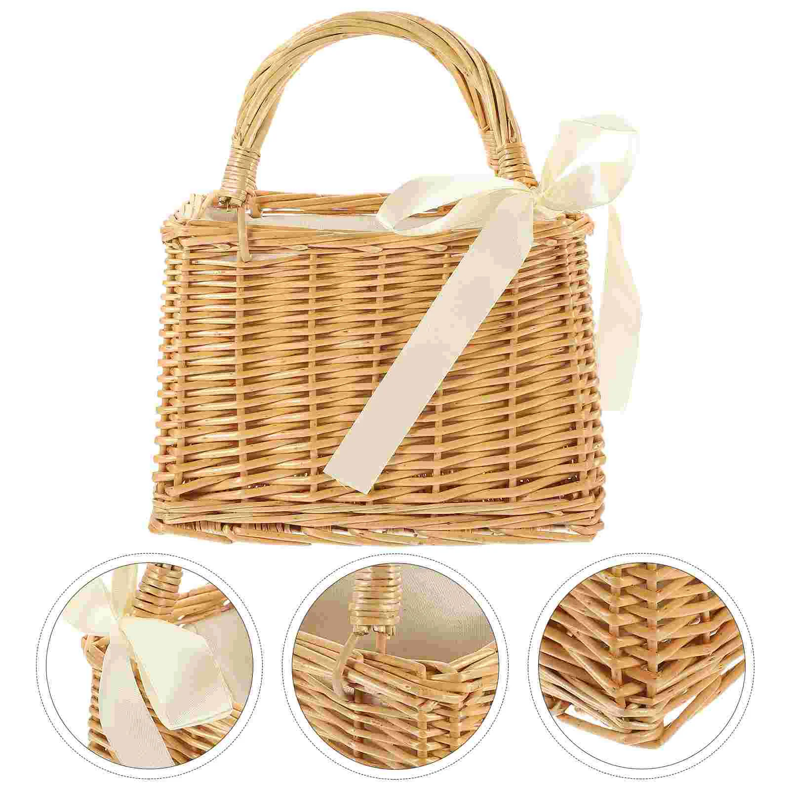 

Small Travel Purse Woven Rattan Flower Straw Wicker Small Travel Purses Tote Beach Storage Picnic Willow Hand Wedding