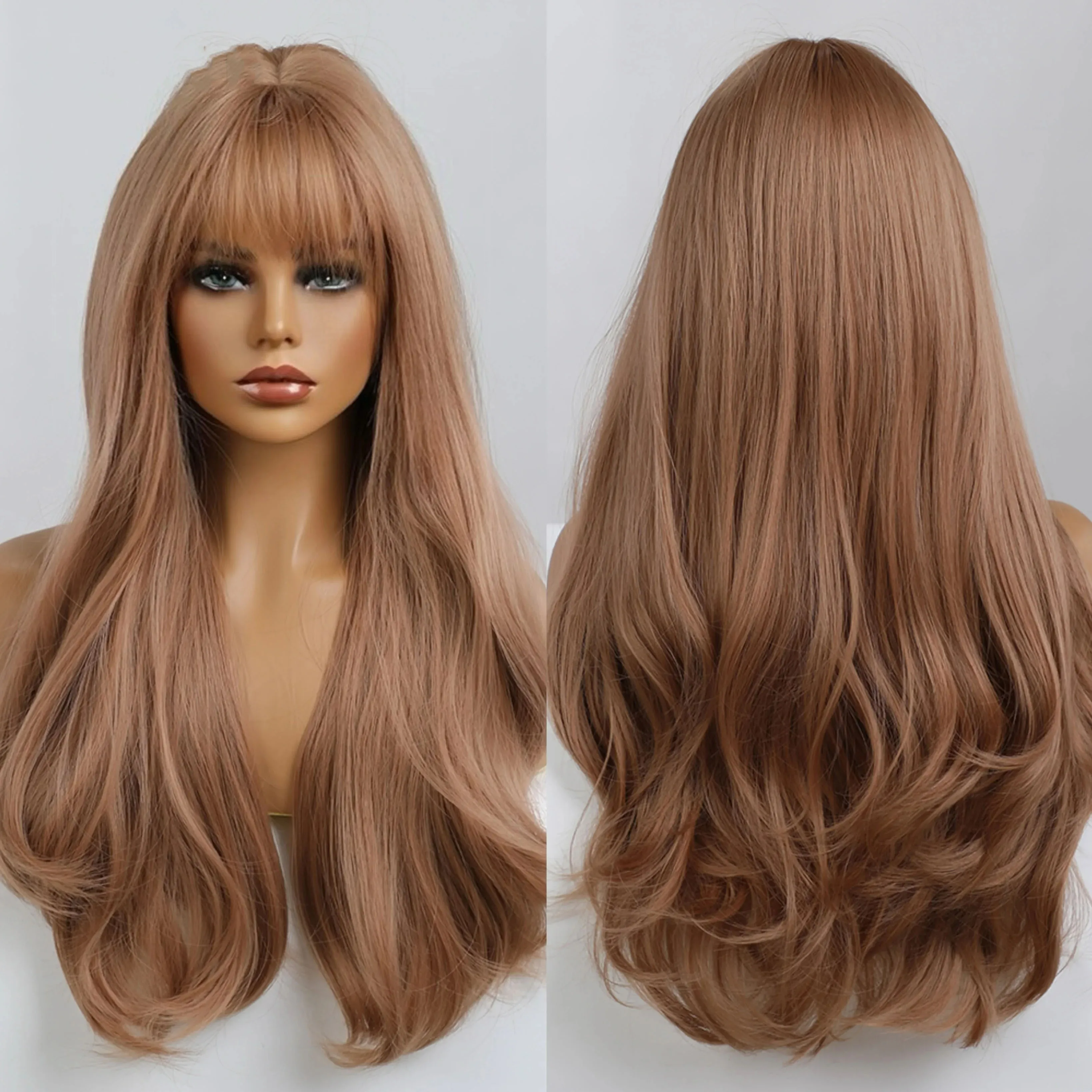 

Copper Long Brown Wig Synthetic Wavy Wigs with Bangs for Women Halloween Cosplay Party Use Heat Resistant Fiber Hair Wig