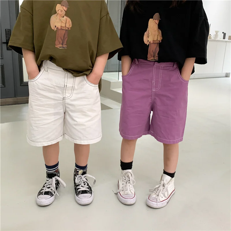 

Boys and girls solid color casual Middle pants Summer Kids loose all-match knee length shorts