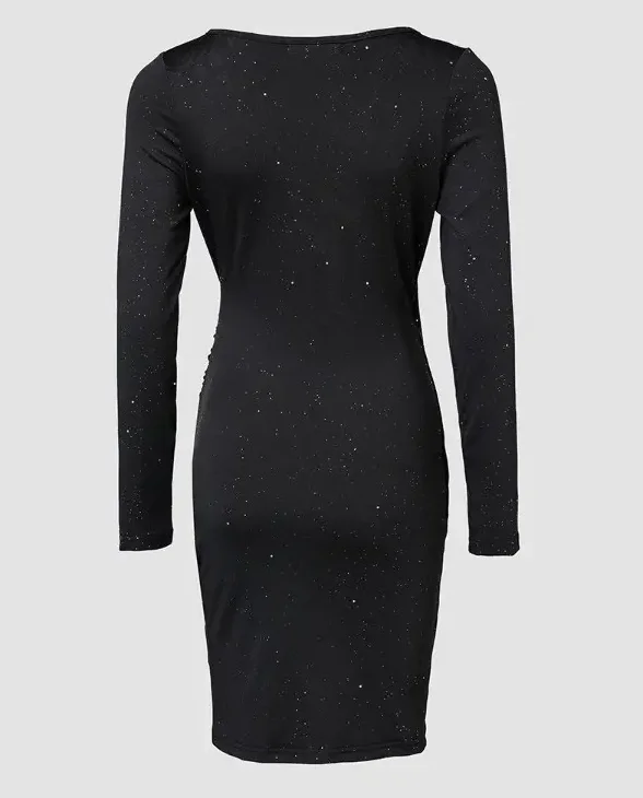 Elegant Black V-Neck Long Sleeve Mini Dress with Glitter Detail - Stretchy Polyester Ruched Cocktail Party Gown for Women, Cock 2