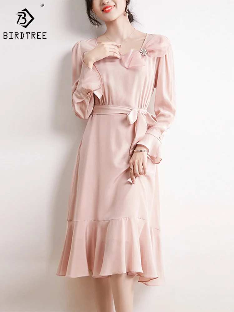 

Birdtree 16Mm 100%Mulberry Silk Heavy Dress Women Square Collar Bows Slim Waist Ruffles Full Sleeve Midi Dress Summer D37519QM